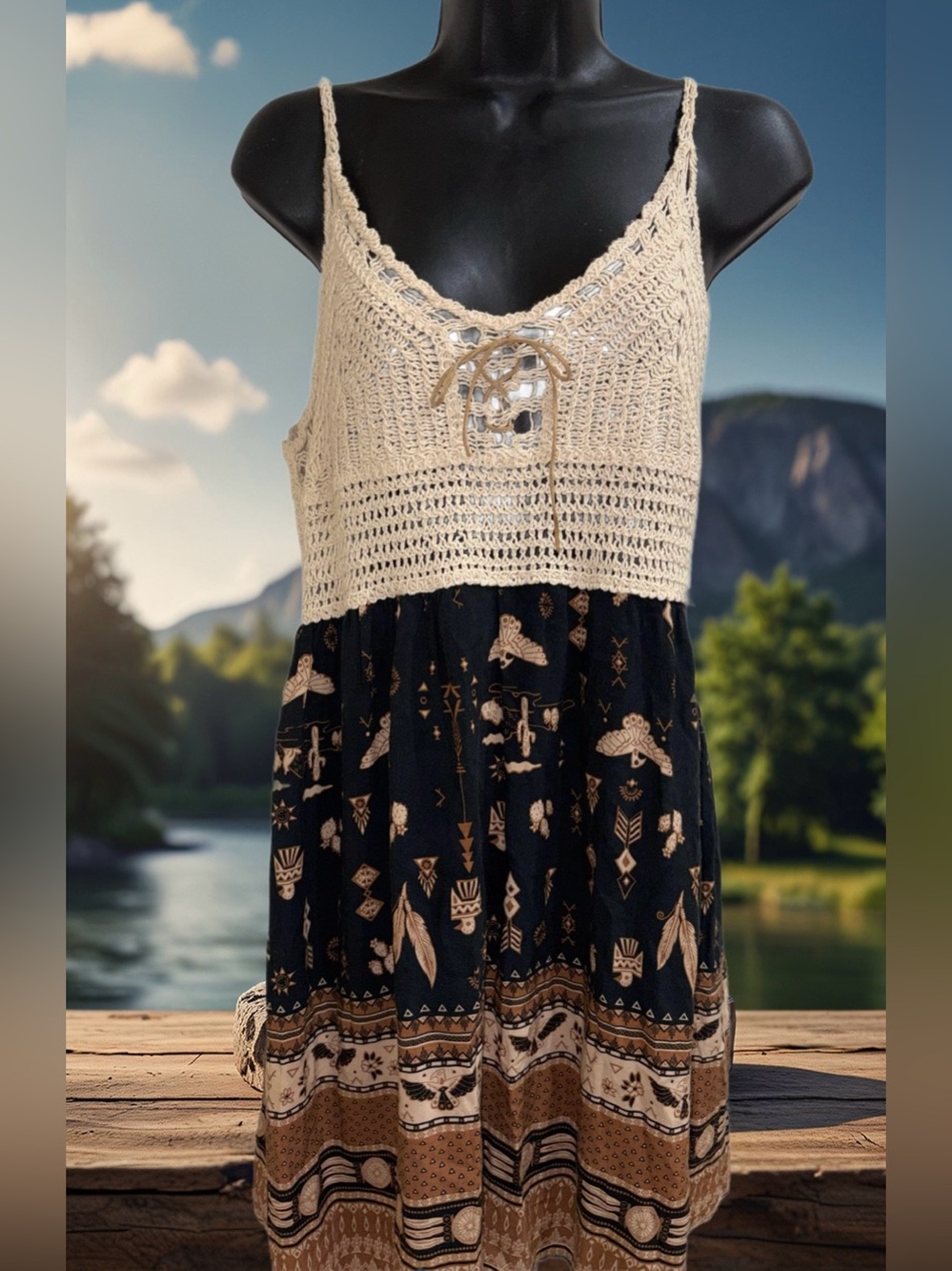 Boho Crochet Tank Dress in Cream and Black - Breezy Women's Top